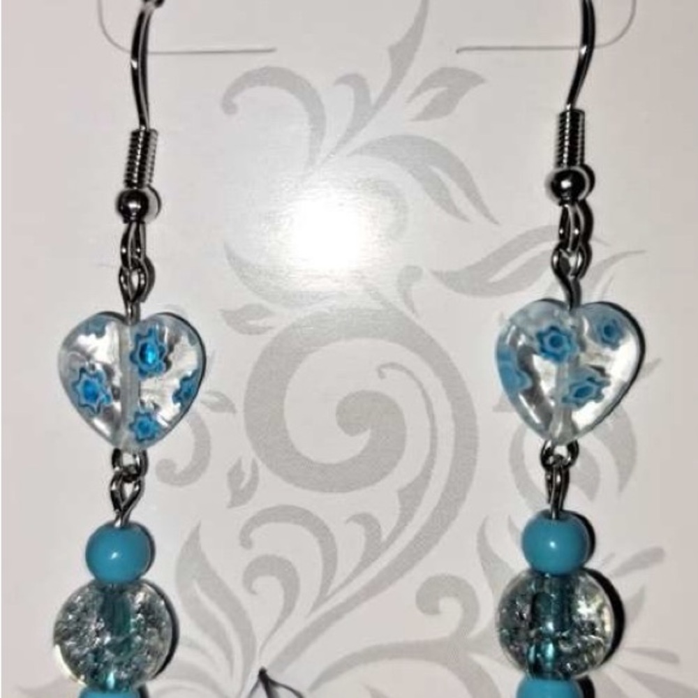 Heart-Shaped Blue and Silver Earrings